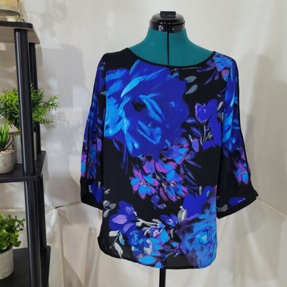 Adrianna Papell‎ Vibrant Blue and Purple Floral Blouse - Size Medium - Picture 2 of 10